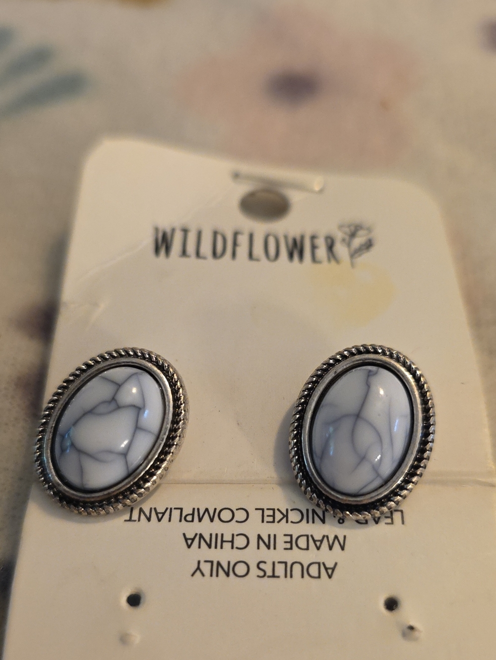 Wildflowers White Marble Oval Stud Earrings